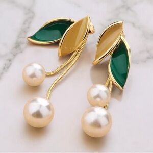 KOREAN ENAMEL and PEARL LEAF TASSEL EARRINGS. NWOT